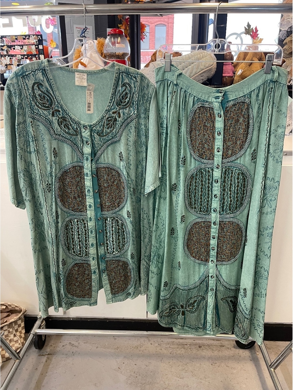Women's Two-Piece Skirt Set in Light Turquoise with Embroidered Details